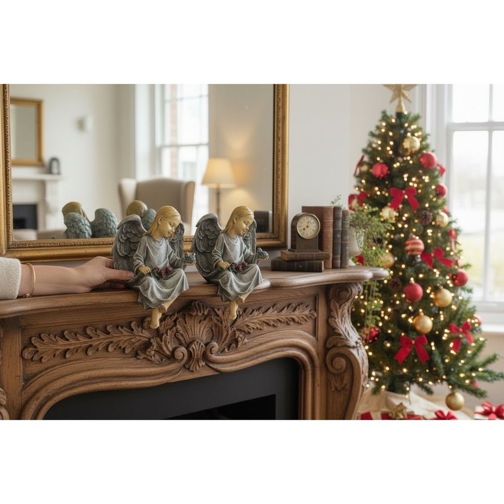 Set of 2 Christmas Angel Figurines Gray Robe Wings Shelf Sitter Decor 6in